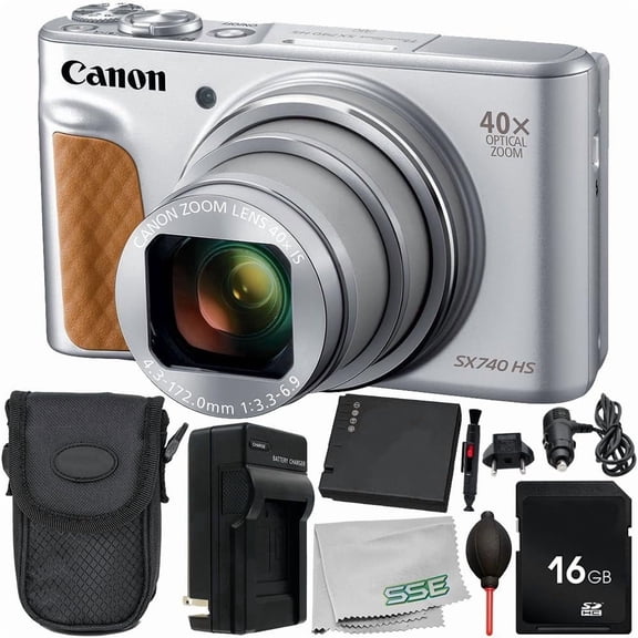 Canon PowerShot SX740 HS Digital Camera (International Model) (Silver) 9PC Bundle - Includes Replacement Battery AC DC Rapid Home & Travel Charger More