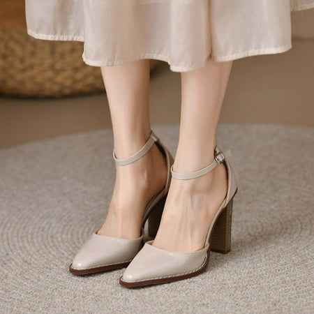 

Women s Pointed Toe Chunky Heels 12CM High Heels Shoes Metal Buckle Solid Color High Heels Shoes