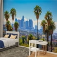 thumbnail image 2 of Peel and Stick Wallpaper Los Angeles Skyline Backlit Aerial Vivid Green Palm Trees Modern Art Wall Mural Decor Self Adhesive and Removable 100in x 144in, 2 of 8