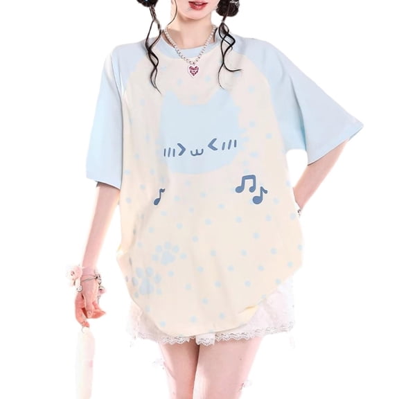 YaEYa Summer Tops for Cutecore Clothes Womens Japanese Kawaii Cat Graphic Tees Funny Oversized Casual T Shirts (Blue,XXXL)