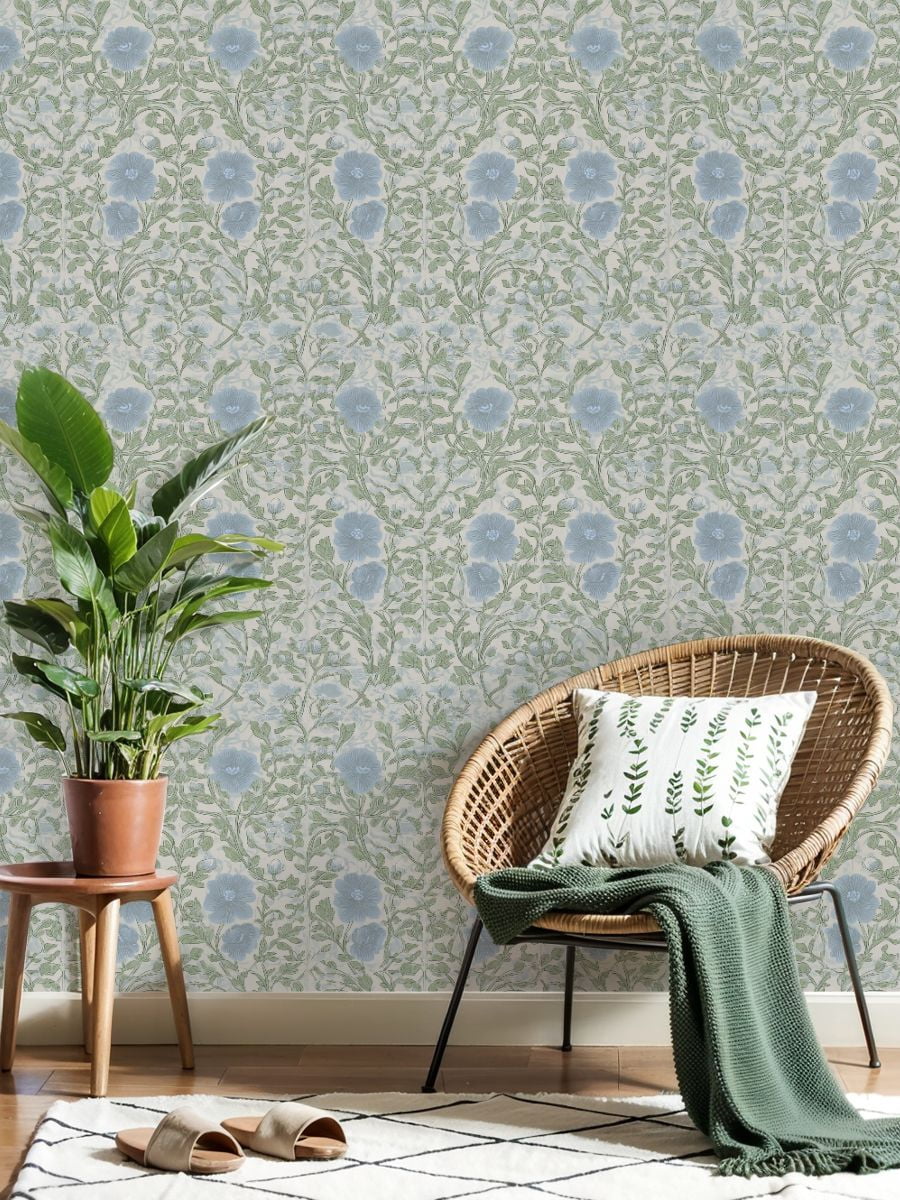 Peel and Stick Wallpaper Delicate Blue Floral Green Leaves Soft Beige Wall Mural 17.7in x 9.8ft Self Adhesive Removable Wall Paper Renter Friendly Wallpaper for Nursery Bedroom Cabinets