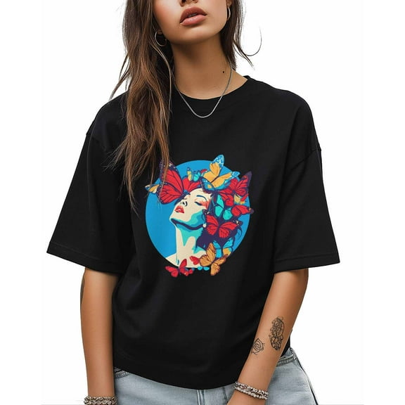 T Shirts for Women Short Sleeve Cotton Crewneck T-Shirt, Woman with Red Butterfly Tee Tops Casual Basic T-Shirts, XS-5XL Black S