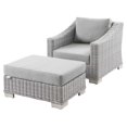 thumbnail image 1 of Side Chair Armchair and Ottoman, Rattan, Wicker, Grey Gray, Modern Contemporary Urban Design, Outdoor Patio Balcony Cafe Bistro Garden Furniture Hotel Hospitality, 1 of 10