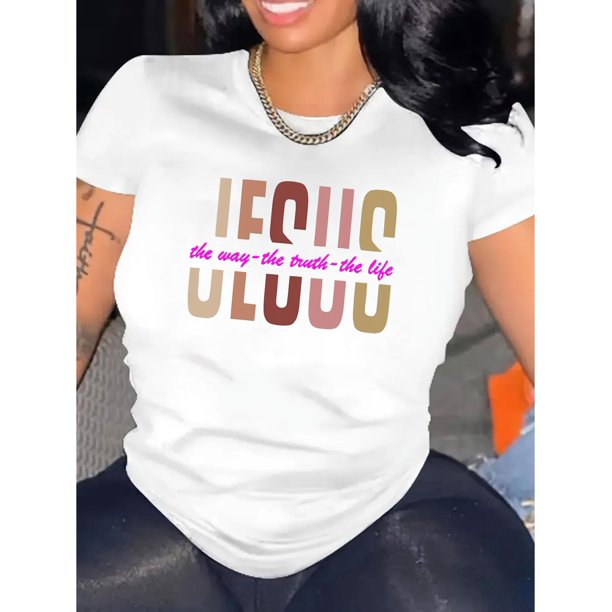 Camiseta informal con estampado de letras para mujer: cómoda camiseta de manga corta con cuello redondo, perfecta para verano, deportes y tiempo libre.