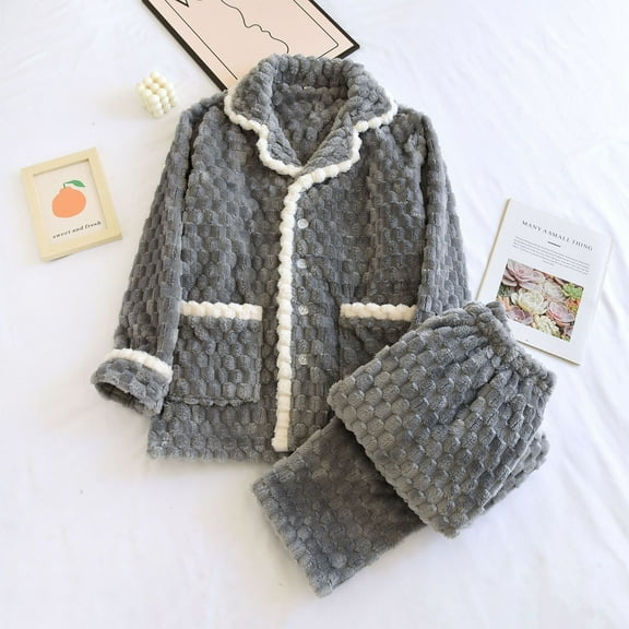 Pajamas Set Men Solid Button Long Sleeve Turn-Down Collar Flannel Warm Thickening Homewear Pajamas Set Mens Pjs Sets Pijamas for Men Set Mens Pjs Pj Set Mens Pj Set