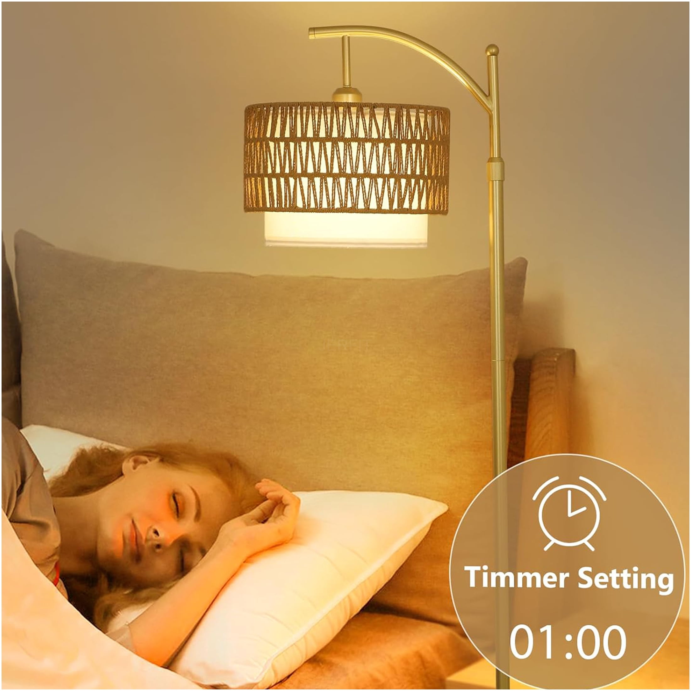 JERFIT Modern Arc Floor Lamp with Remote, Dimmable LED Bulb, Rattan & Fabric Shade for Living Room Bedroom