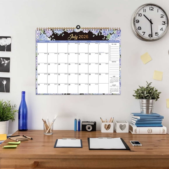 Calendrier Mural 2026 Anglais, Motif de Fleurs sur 18 Mois, Grande Reliure à Spirale, Facile à Lire, Planificateur des Fêtes pour la Maison, le Bureau Ou l'École