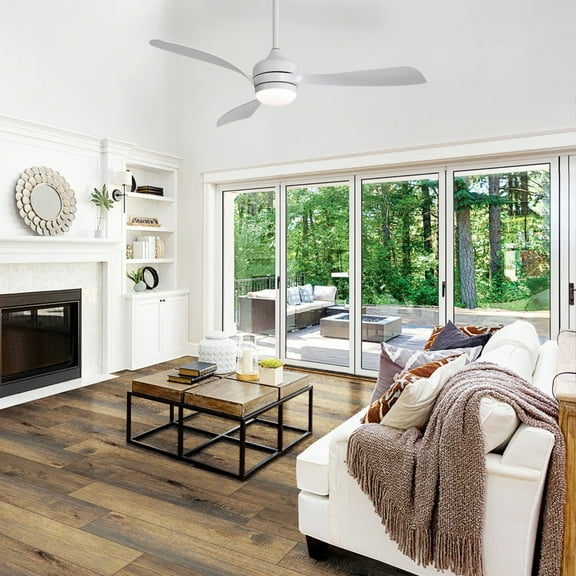 Ceiling fan, 52-inch ceiling fan light, smart ceiling fan, with timer function, featuring 3 ABS blades, reversible DC motor, quiet and efficient, 3 pull rods (5/10/24 inches), LED light, white