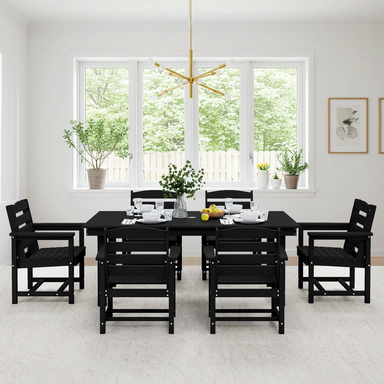 lowes patio dining set with umbrella SERWALL 8-Pc HDPE Set, 1 Table, 1 & 6 Chairs, Black this chair provides maximum comfort for all Umbrella Hole Patio Tables for