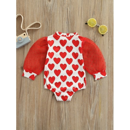 

Lieserram Newborn Baby Girl Valentine s Day Outfits 3 6 12 18 24 Months Love Heart Print Princess Romper Puff Sleeve Jumpsuits Summer Clothes