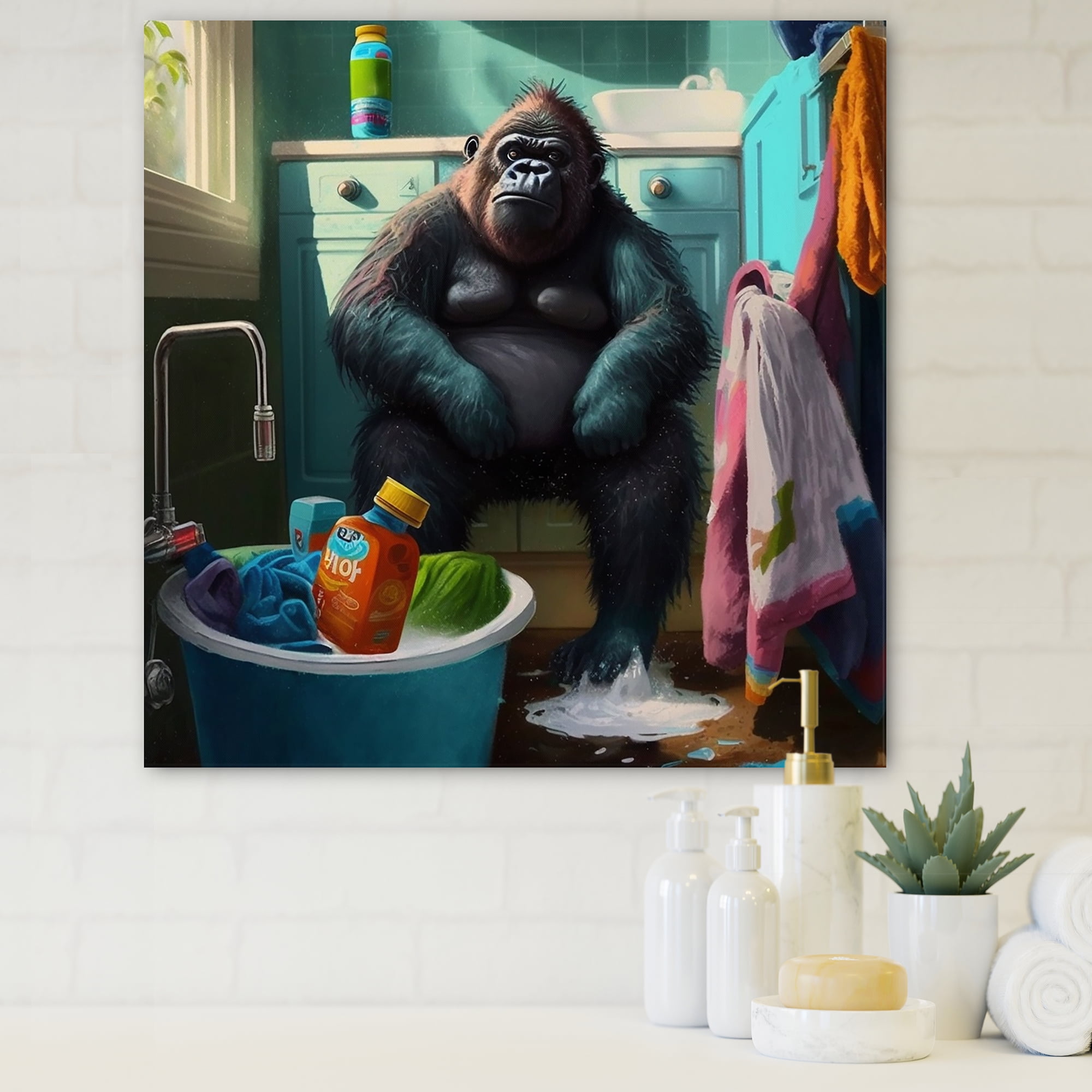 Designart Funny Monkey Doing Laundry Canvas Wall Art