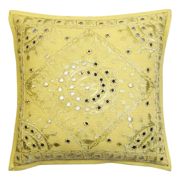 Stylo Culture Indian Sofa Throw Pillow Cover 16 x 16 Hand Embroidered Mustard Yellow Bohemian 40 x 40 cm Home Decor Cotton Mirrored Square Cushion Cover | 1 Pc