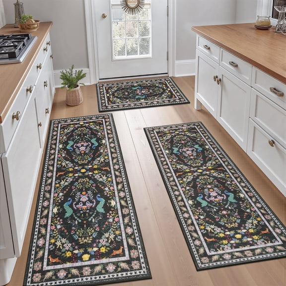 Findosom 3pcs Washable Kitchen Rug Set,Non-Slip Floral Boho Kitchen Mats Kitchen Runner Rug Floor Carpet for Hardwood Floor,Sink,Entryway,Bathroom,Home Decor,20"x32" 20"x48" 20"x59"