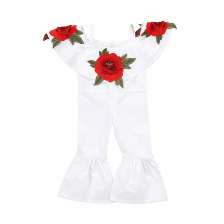 Apple Bottoms Romper Baby Girls Off Shoulder 3D Rose Romper Halter Jumpsuit Bell-Bottomed Pants Summer Cotton Clothes ()