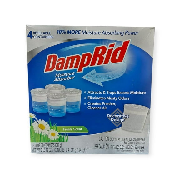 DampRid Moisture Absorber, Fresh Scent, Decorative Design, 4 Refillable Containers (11 oz Each) – Eliminates Musty Odors & Traps Excess Moisture