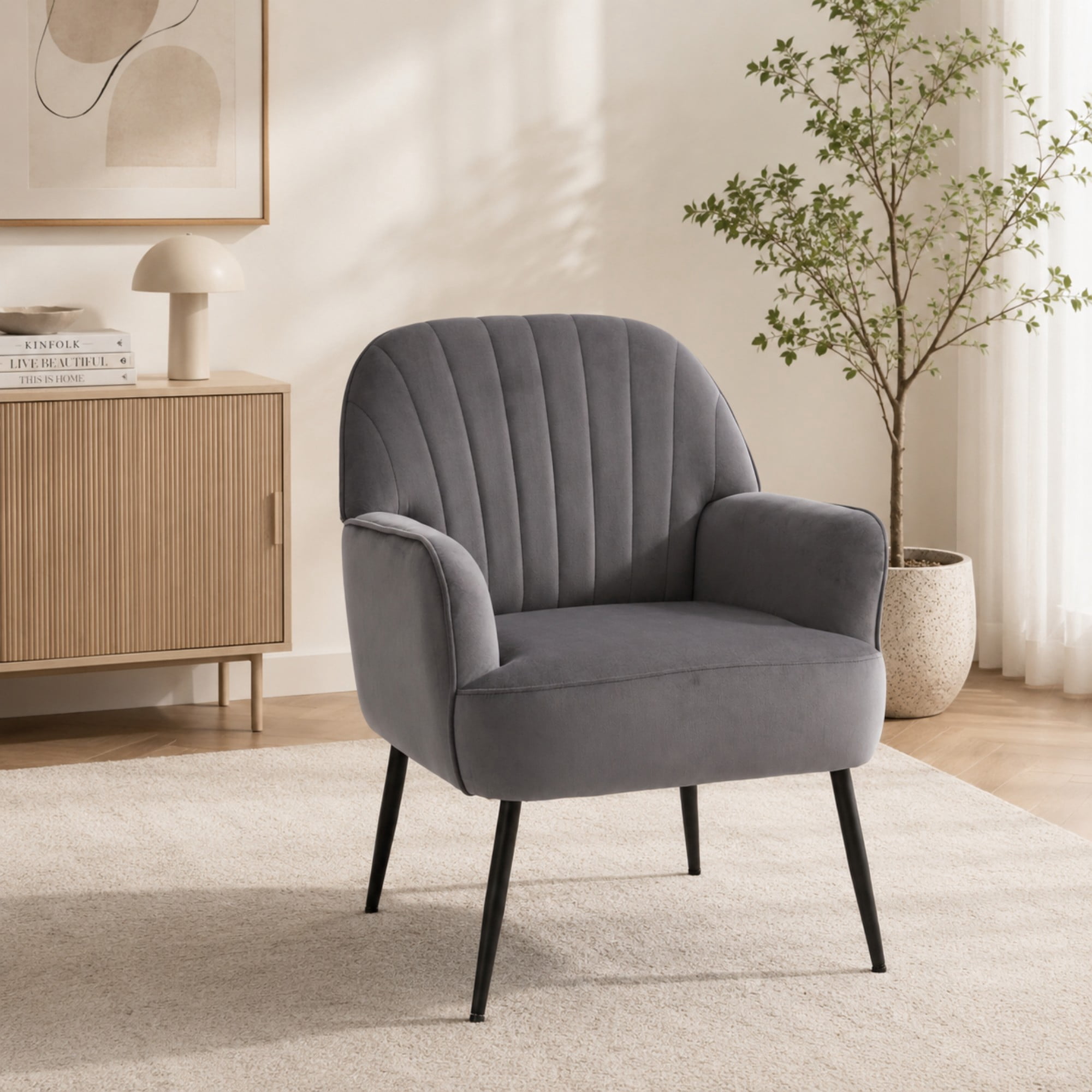 BSHTI 25" Velvet Upholstered Accent Chair with Shell-Shaped Tufted Backrest, Padded Armrests, Metal Legs for Living Room Bedroom()