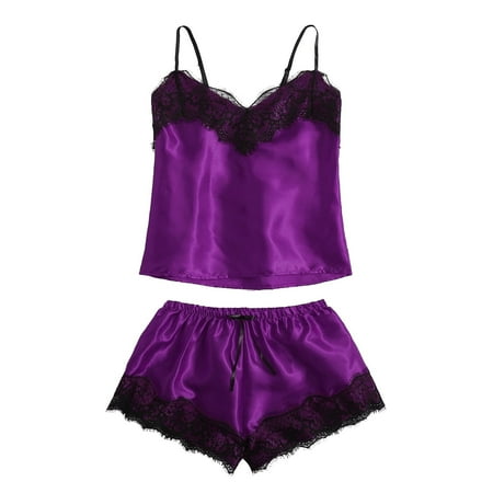 

Lingerie For Women Ladies Fashion Solid Erotic Lace Deep V Satin Camisole Top Short Pajama Suit