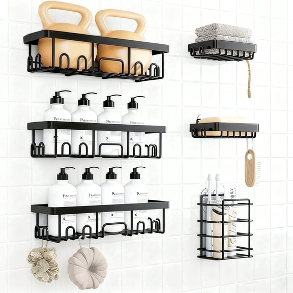 Torio Metal Wall Mount Adhesive Shower Caddy, Black, 6 Count