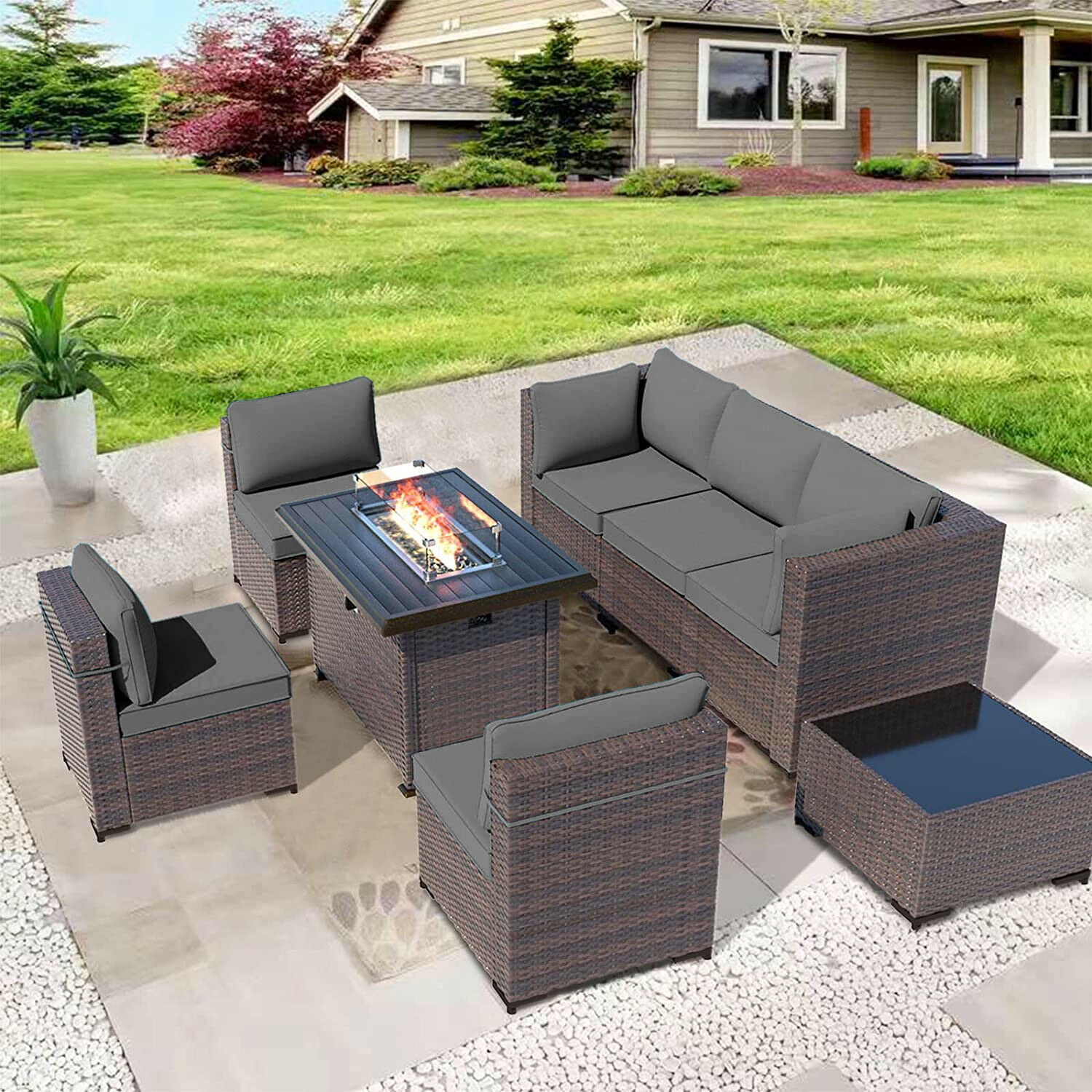 Dark Blue ALAULM 8 Pieces Outdoor Patio Furniture Set with Propane Fire Pit Table Outdoor Sectional Sofa Sets Patio Furniture 43 Gas Fire Pit Brown PE Rattan Patio Conversation Set w/6 Cushions 