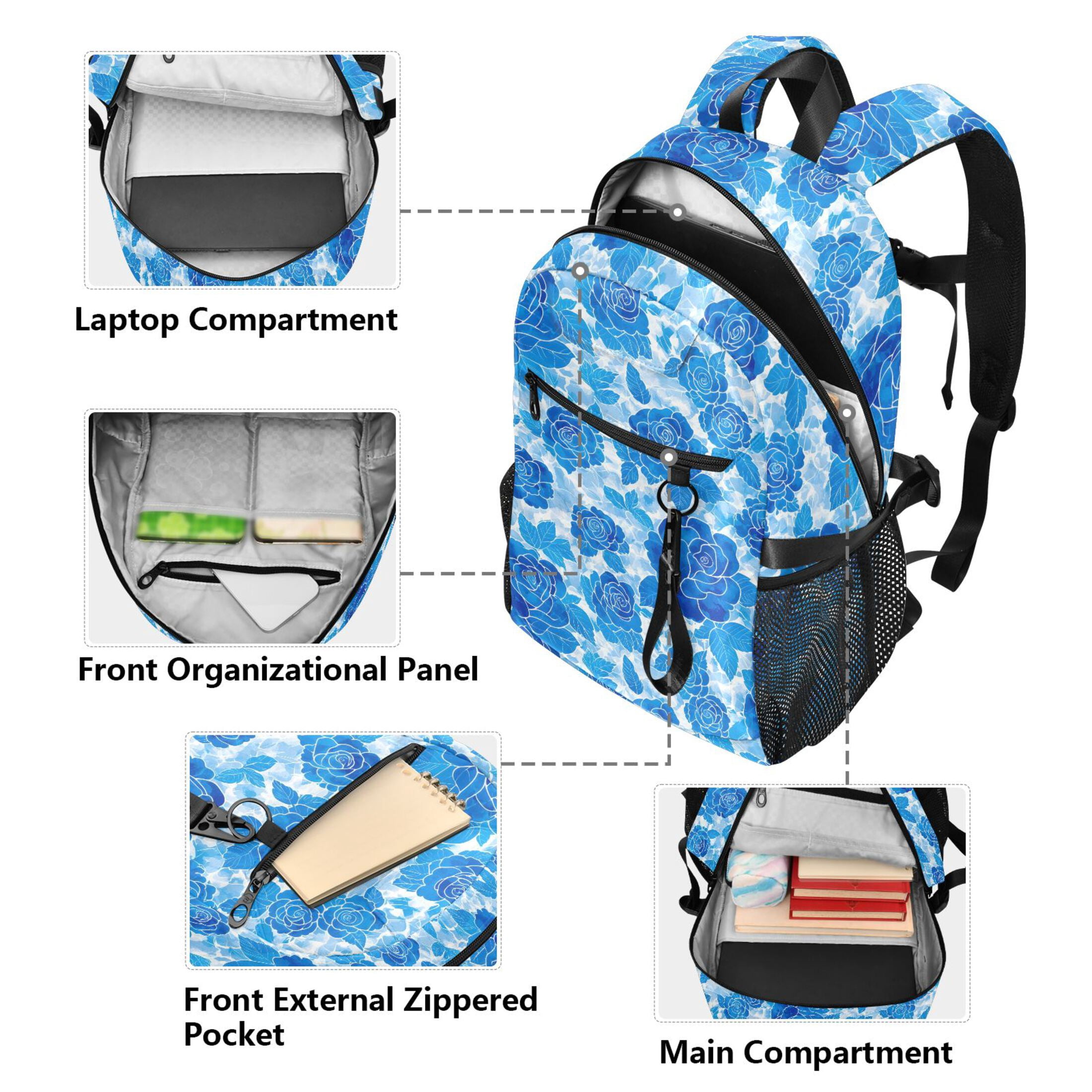 JIALIOU 14" Laptop Backpack Waterproof Airline Approved Stylish Casual Daypack for Travel Business College Work, Blue Watercolor Roses