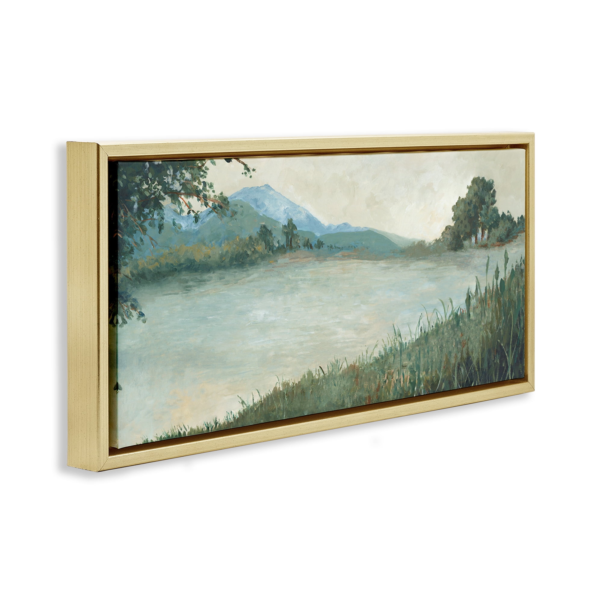 Stupell Industries Grasses by Scenic Lake Landscape & Nature Painting Gold Floater Framed Canvas Art Print Wall Art, 31 x 14