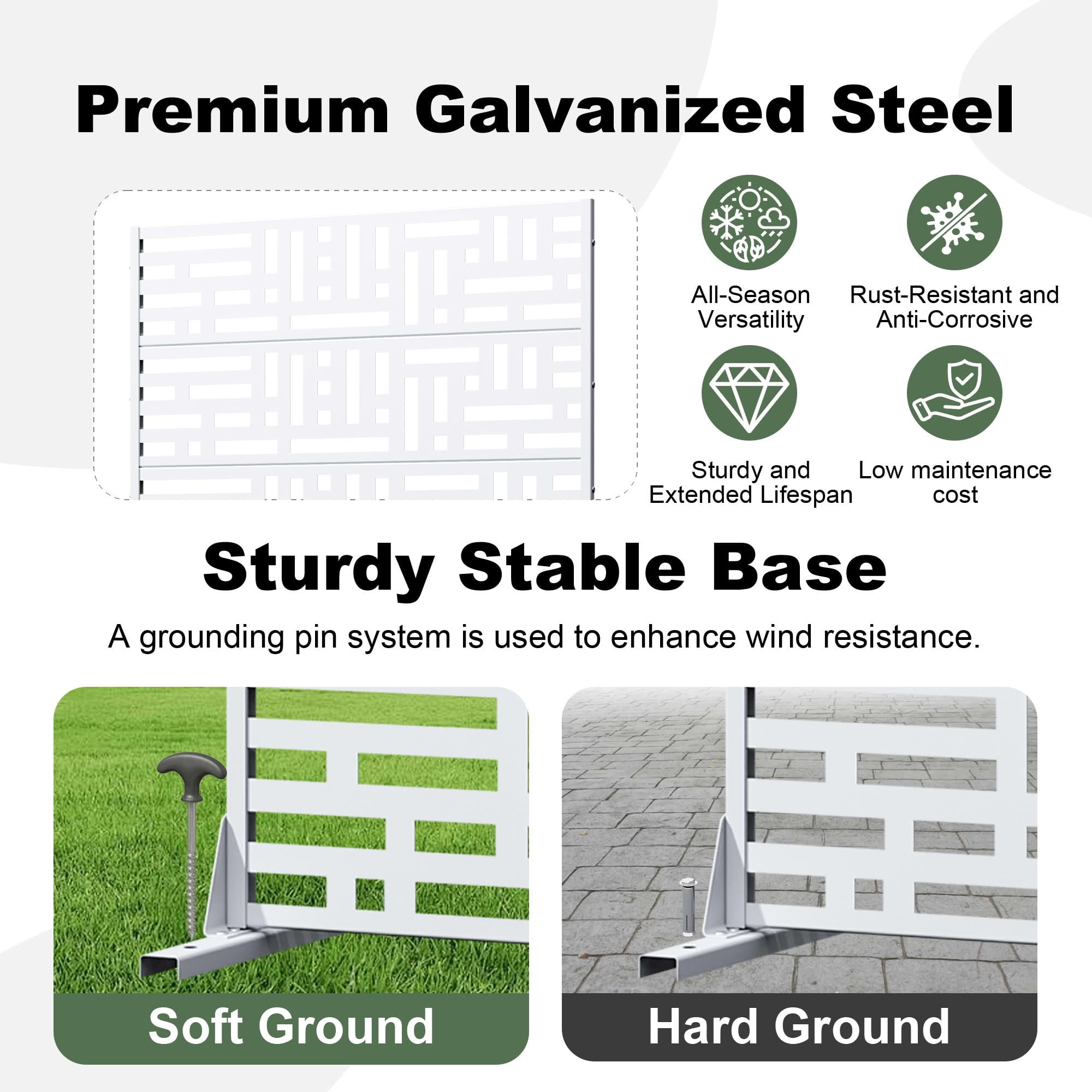 MAYEERTY 72"x47" Outdoor Privacy Screen, 6-Panel White Street Pattern Galvanized Steel Screen, Decorative Cutout Fence for Patio Yard