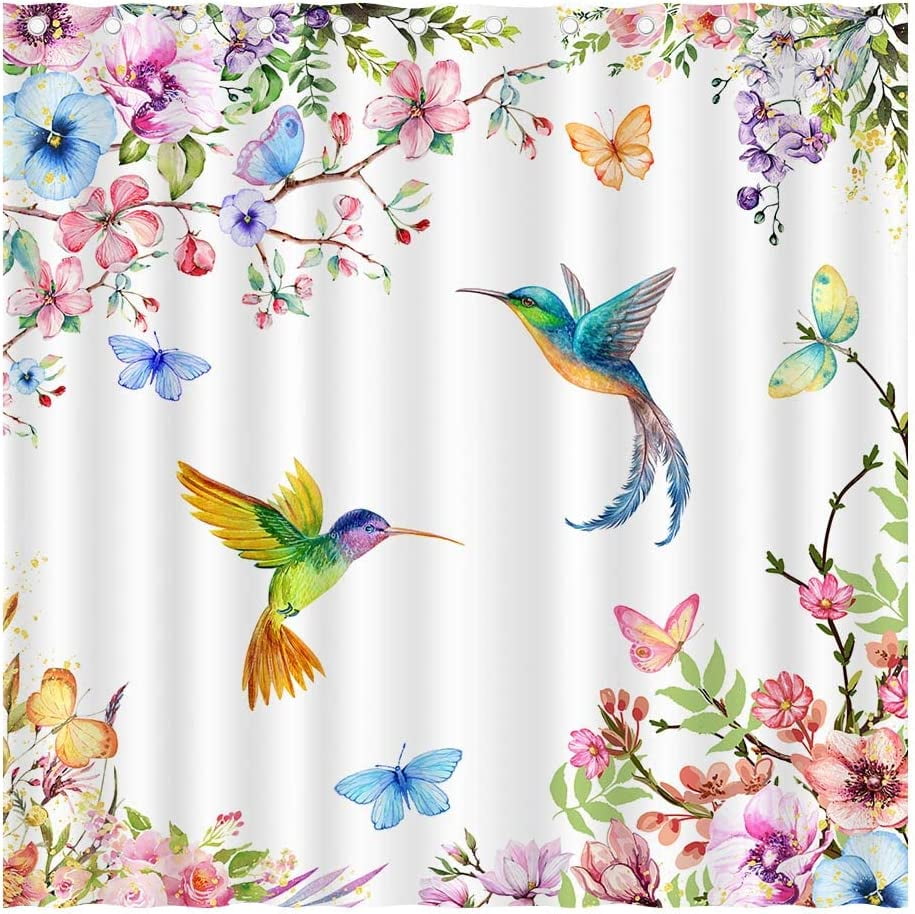Spring Hummingbird Shower Curtain for Bathroom Floral Bird Shower