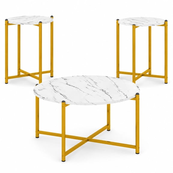 Round Coffee Table Set of 3 - Faux Marble White and Gold Accent, Modern 3-Piece Living Room Set with Coffee Table & 2 End Tables