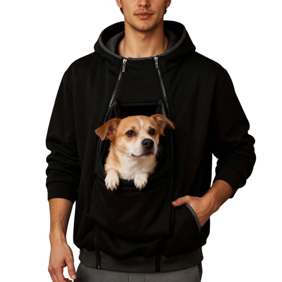 Men's Hands-Free Pet Carrier Hoodie with Double Zipper Pocket Puppy Pouch Drawstring Pullover Sweatshirt for Small Dogs