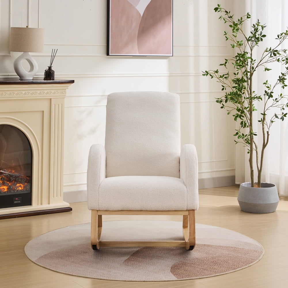 27.2"W Sherpa Rocking Chair for Nursery with High Back and Side Pocket - Cozy Glider Rocker with Rubber Wood Legs, Comfortable Accent Armchair for Living Room, Bedroom, Reading Nook, Ivory