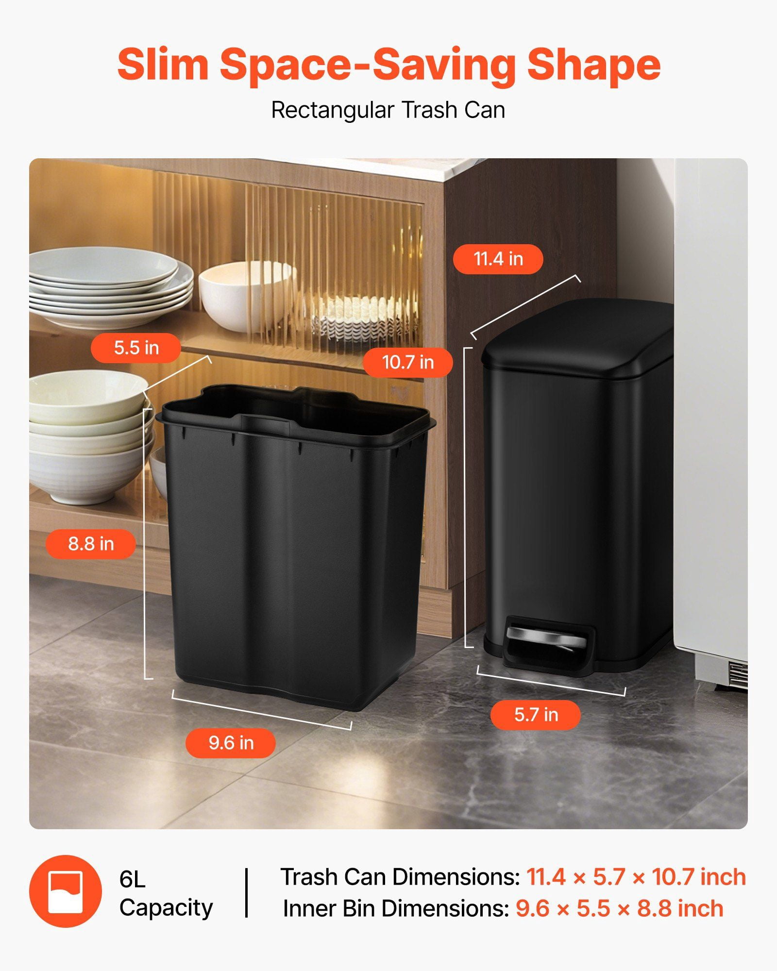 Slim Bathroom Trash Can with Step Pedal and Soft Close Lid, 6L Capacity, Detachable Inner Bin, Space-Saving Steel Garbage Can for Bathroom, Bedroom, Kitchen, Dorm, or Office Use, Black
