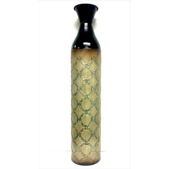 Hosley Metal Brown & Green Tone Moroccan Embossed Floor Vase 28.5 inch High