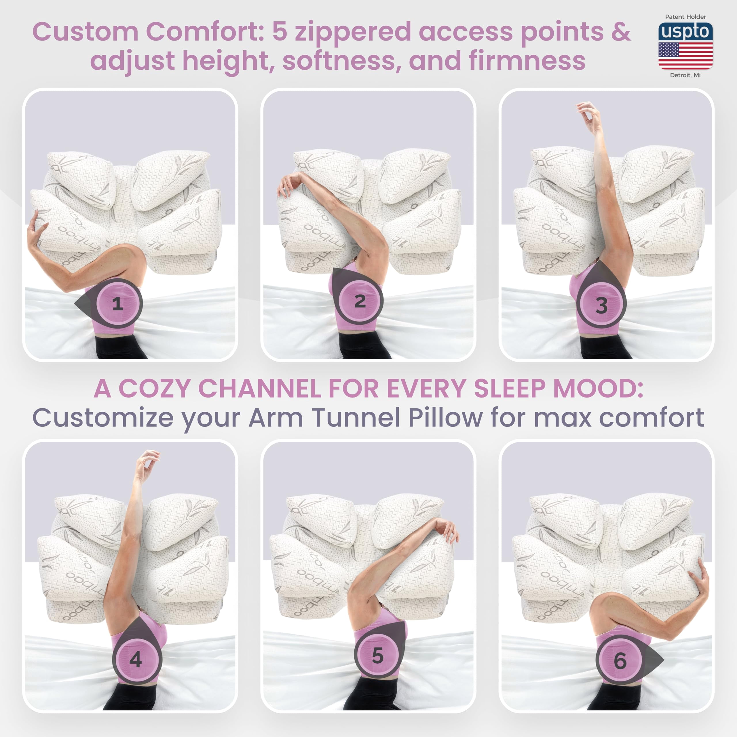 Adjustable Side Sleeper Pillow with Arm Tunnels for Shoulder Pain, Rotator Cuff Support, Arm & Shoulder Relief - Pressure-Free Sleep Pillow for Adults - Charcoal Shredded Memory Foam