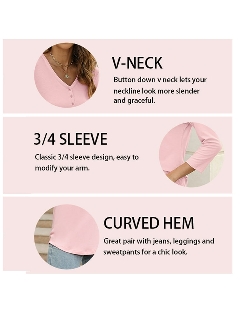 VDJ Women Tops Button V Neck 3/4 Sleeve Casual Fall T Shirts