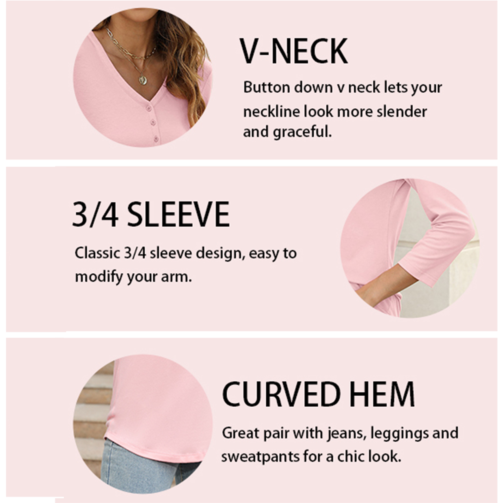 VDJ Women's V-Neck Button-Up 3/4 Sleeve Top, Pink photo 4