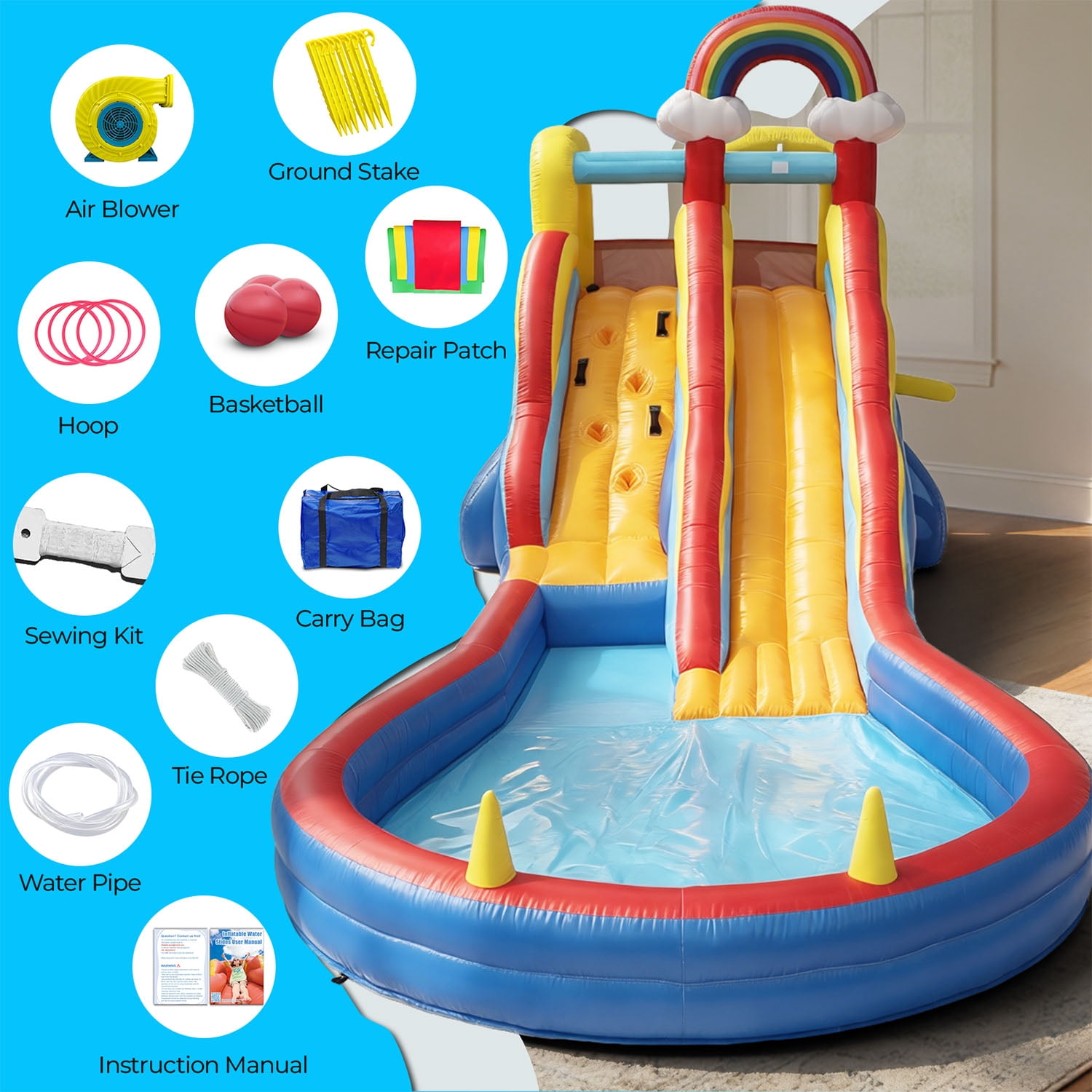 Tryset Inflatable Water Slide Bounce House with Climbing Wall & Splash Pool, Kids Outdoor Water Park with 680W Blower