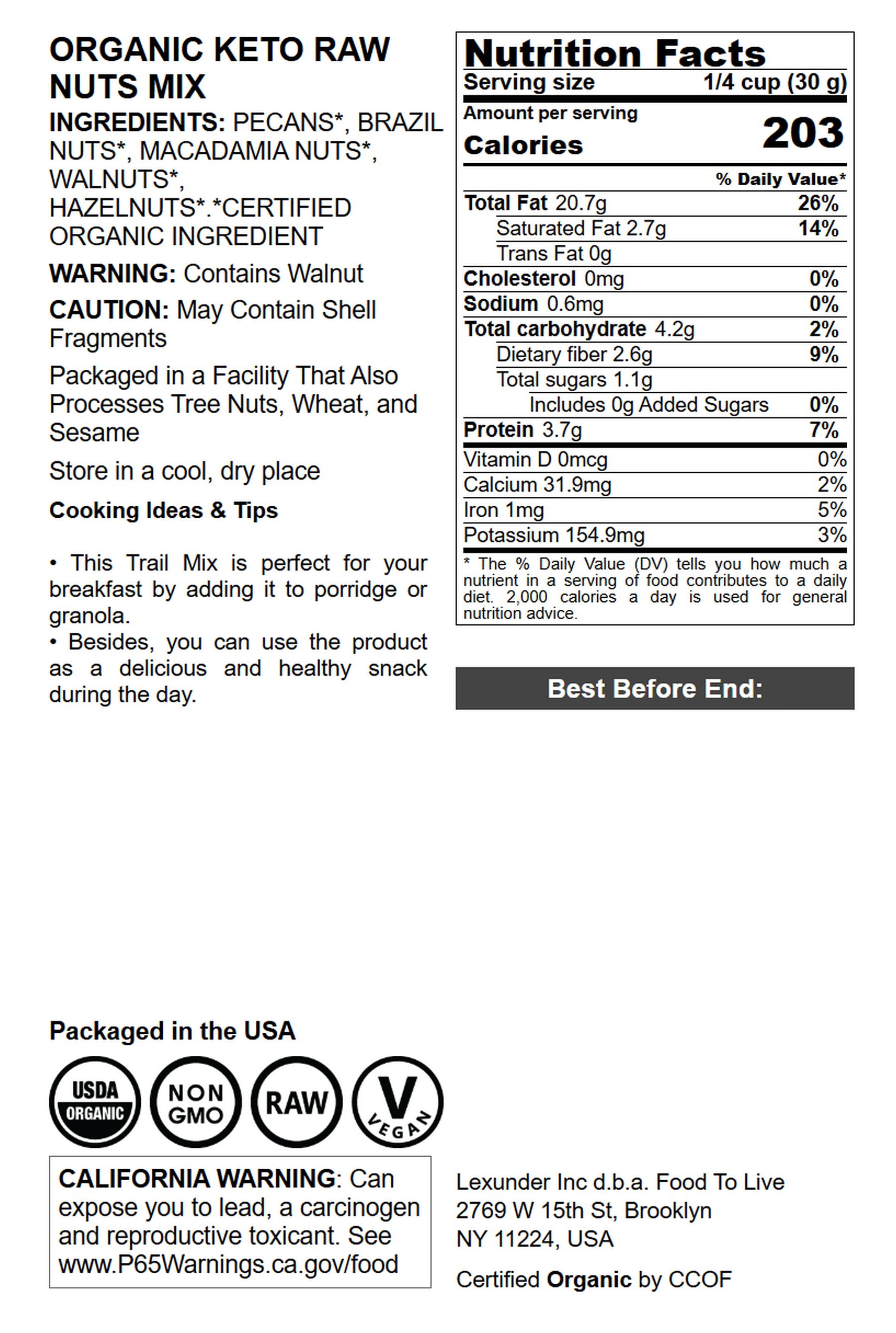 Organic Keto Raw Nuts Mix, 1 Pound - Non-GMO, Raw, Vegan - by Food to Live