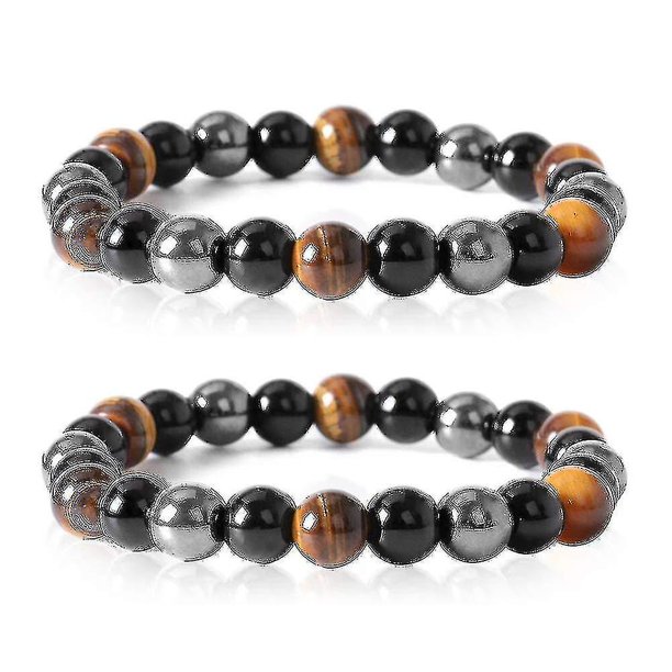Beads Bracelet Triple Protection, 2 Pack 8 mm Tigers Eye Bracelet Hematite Beads & Black Obsidian Balance Bracelet