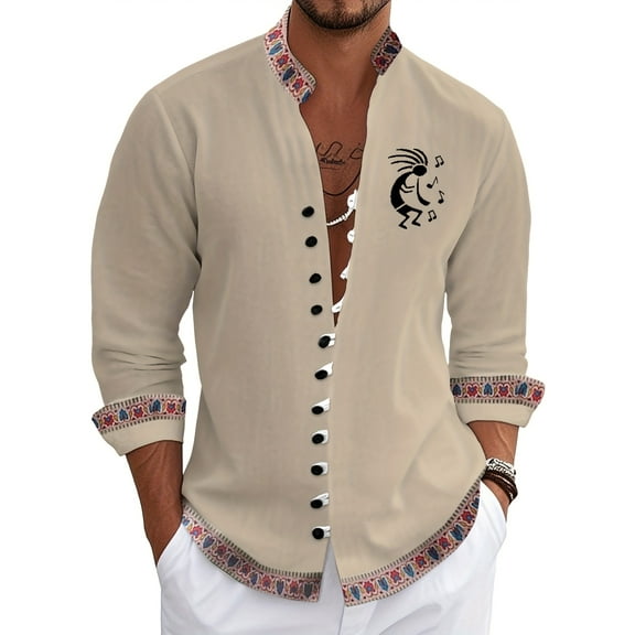 Button Down Linen Shirts for Men Casual Long Sleeve Regular Fit Beach Shirts Khaki M