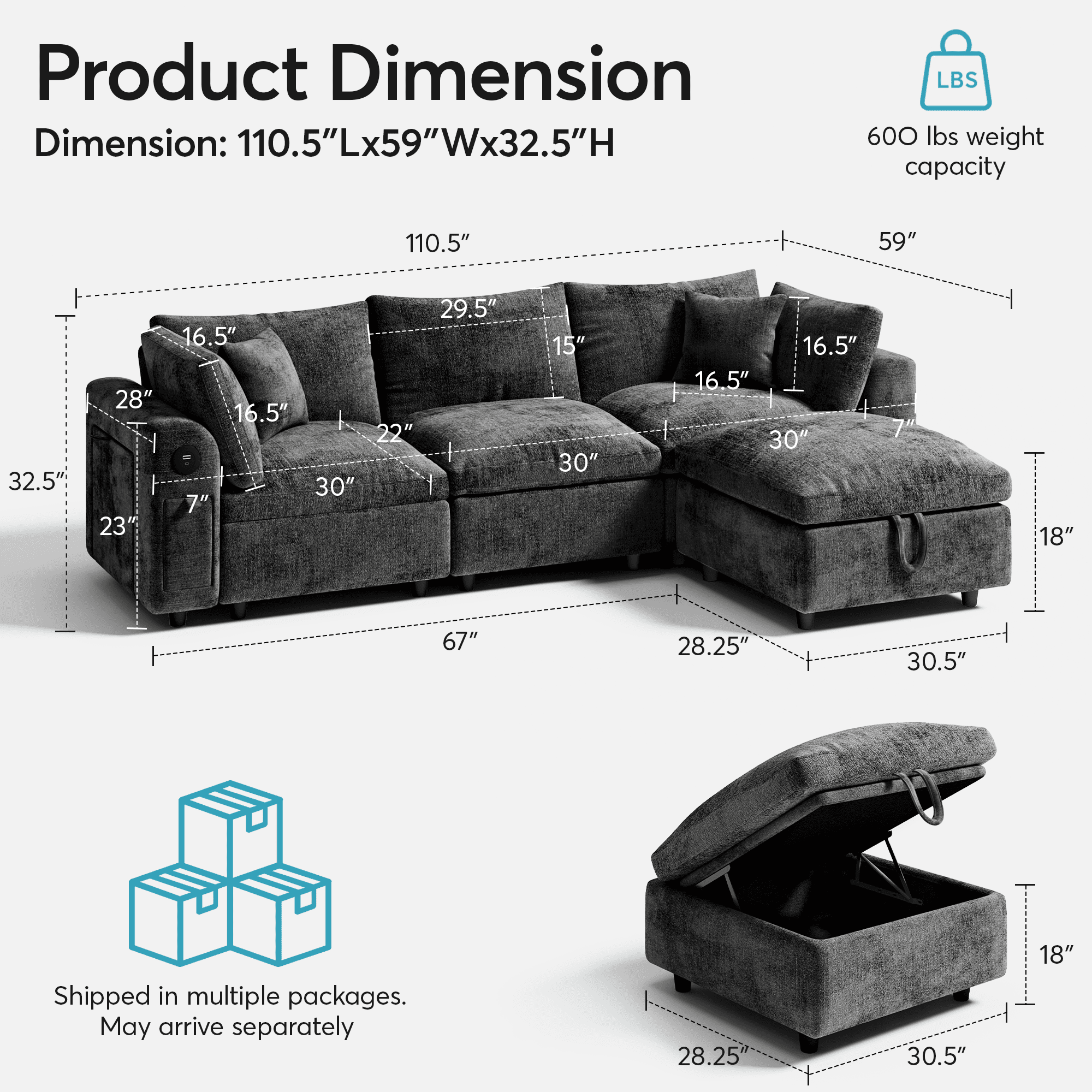BINBANK Luxurious Cloud Modular Sectional Sofa, Modern Chenille Couch L-Shaped with Storage Ottoman, USB Type-C Ports & Cup Holders for Living Room