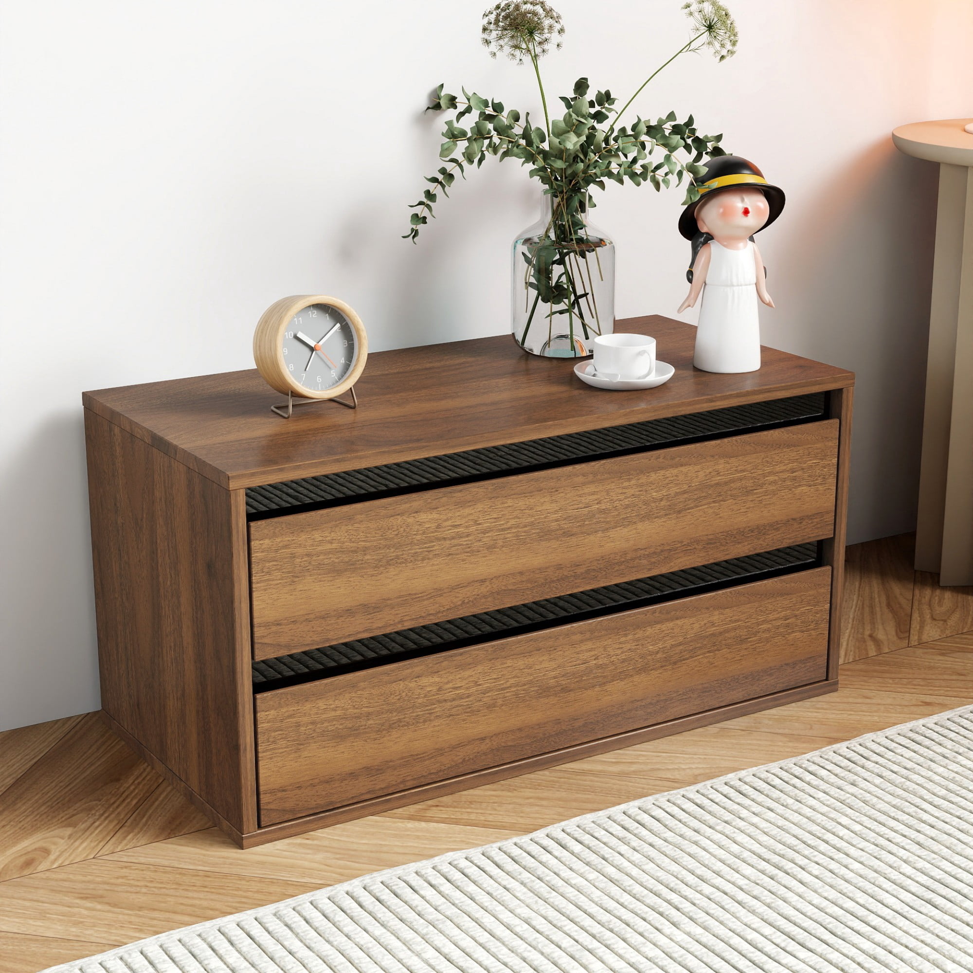 2-Tier Stackable Storage Cabinet with 2 drawers for Small Space,Walnut