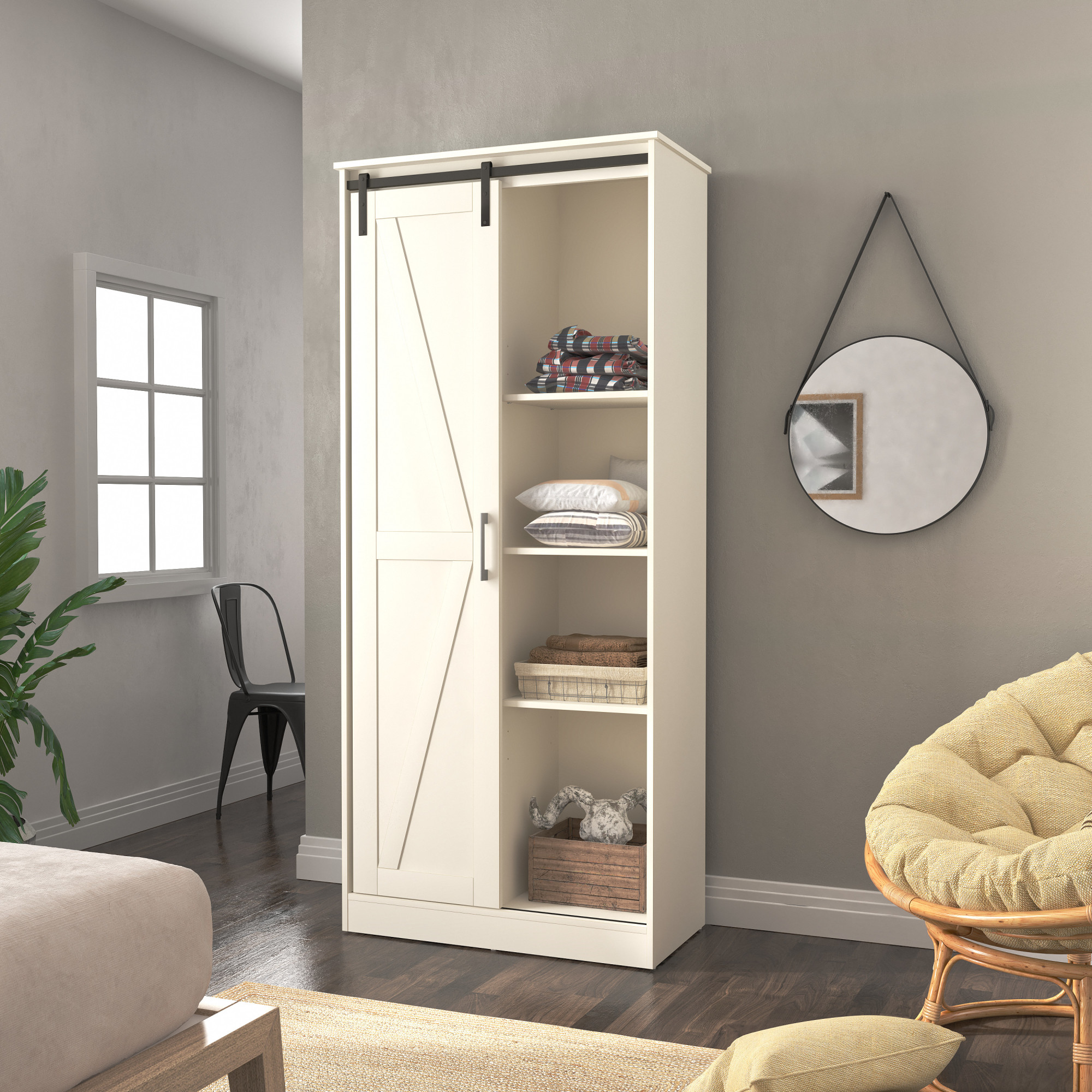 Woven Paths Shelton Wood Kitchen Pantry with 1 Sliding Barn Door, Ivory