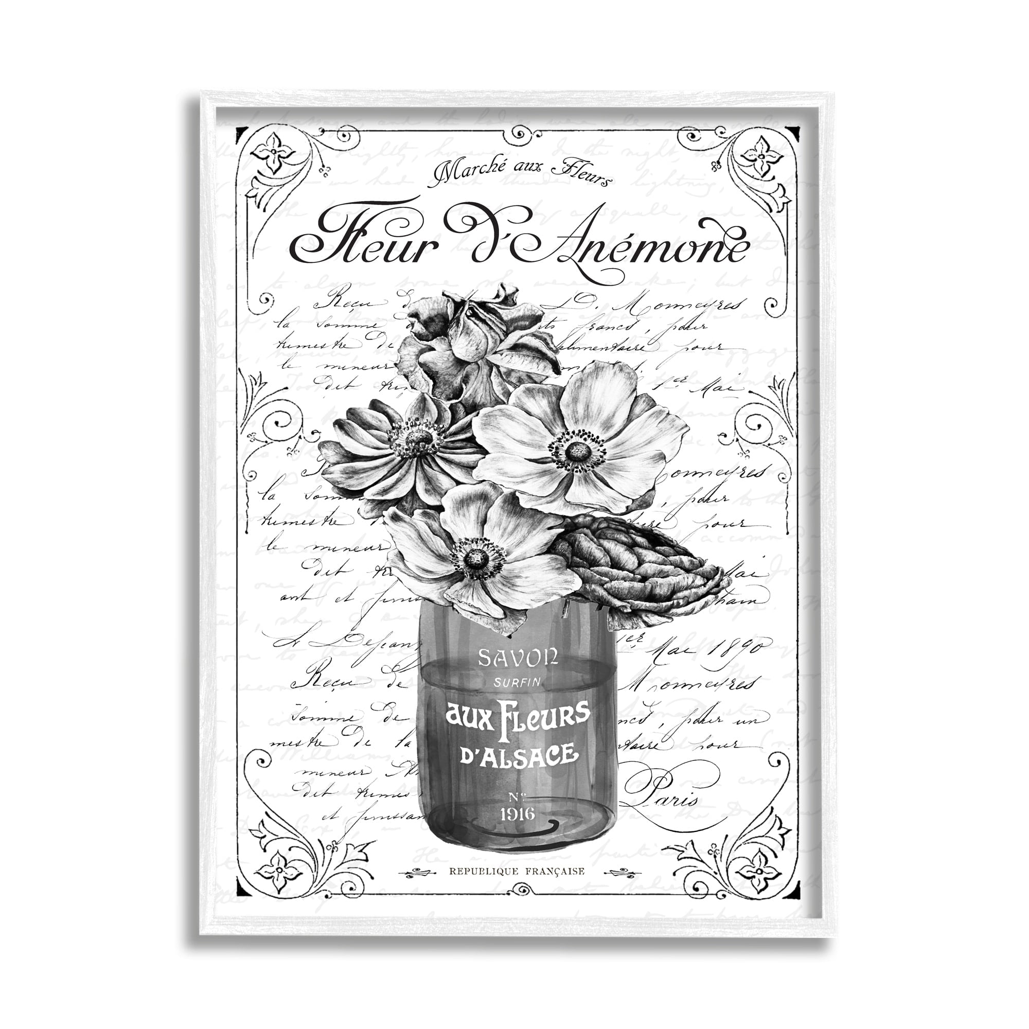 Stupell Industries Anemone Flower French Text Fancy Floral Border Graphic Art White Framed Art Print Wall Art, Design by Lettered and Lined