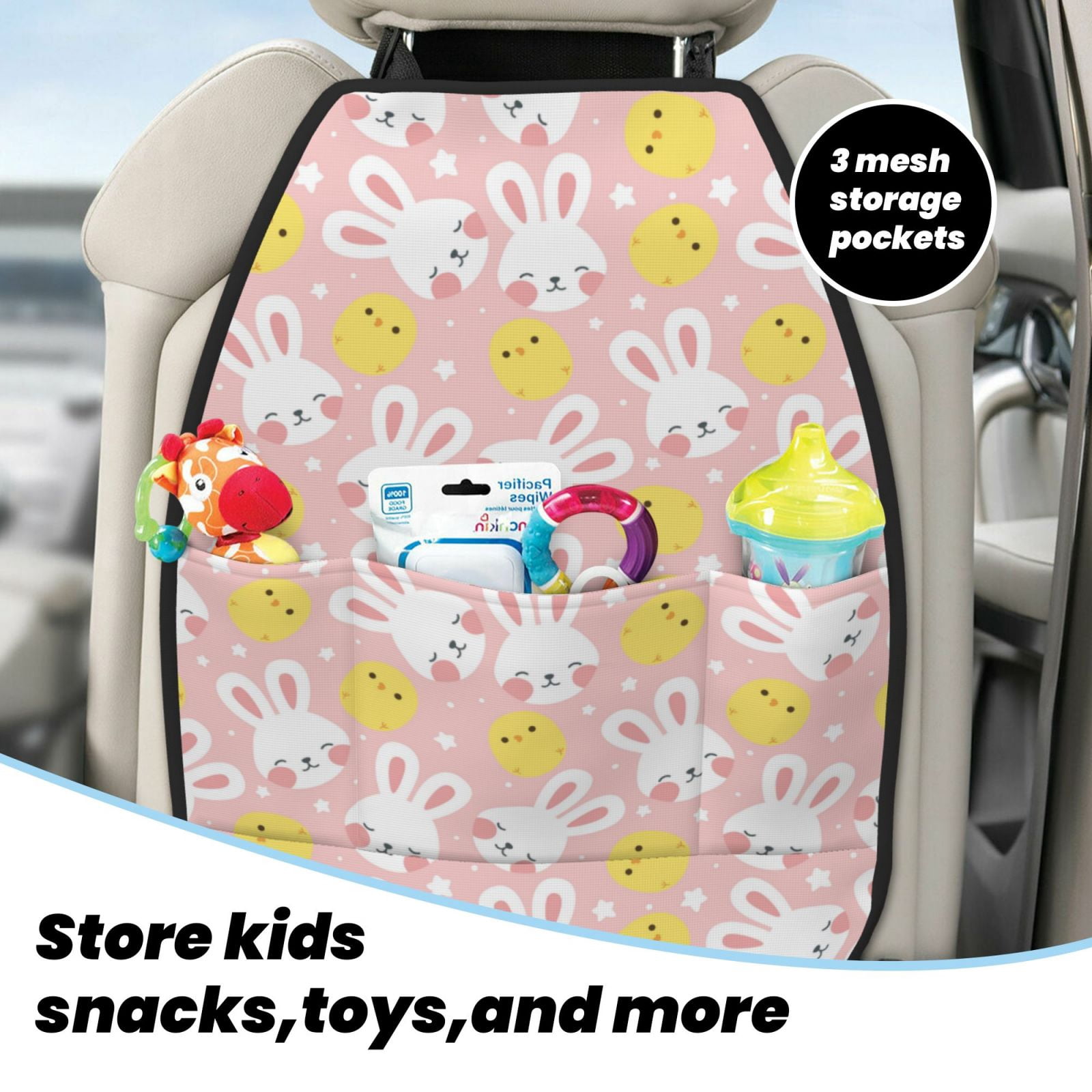 Xecao Rabbit And Chick Pattern Car Seat Back Protector 2 Pack Large Capacity Pocket, Kick Mats Back Seat Protector