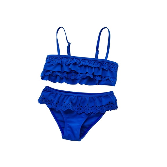 Kids Girls Summer Beach Swimwear Front Tie Cutout Ruffle Flounce 2 Piece High Waist Bikini Suit Royal Blue 7