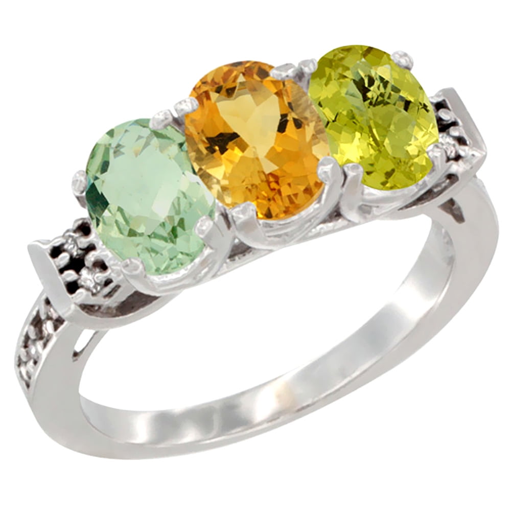 10K White Gold Natural Green Amethyst, Citrine & Lemon Quartz Ring 3-Stone Oval 7x5 mm Diamond Accent, sizes 5 10 by WorldJewels