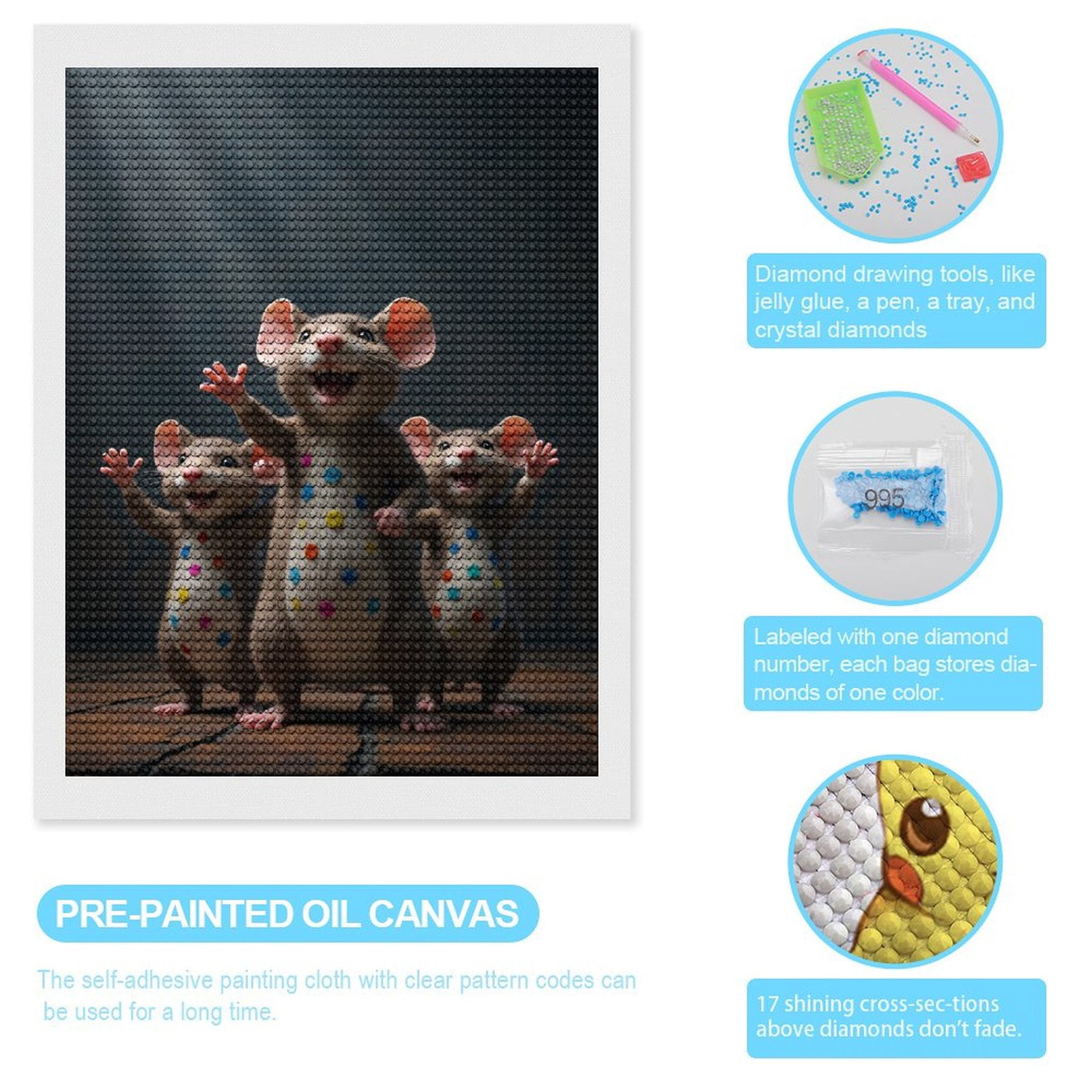 Diamond Art Kits for Adults, Joyful Cartoon Mice Trio Dancing 5D Diamond Painting Kits for Adults Beginners, DIY Full Drill Diamond Painting, Gem Art and Crafts 12x16