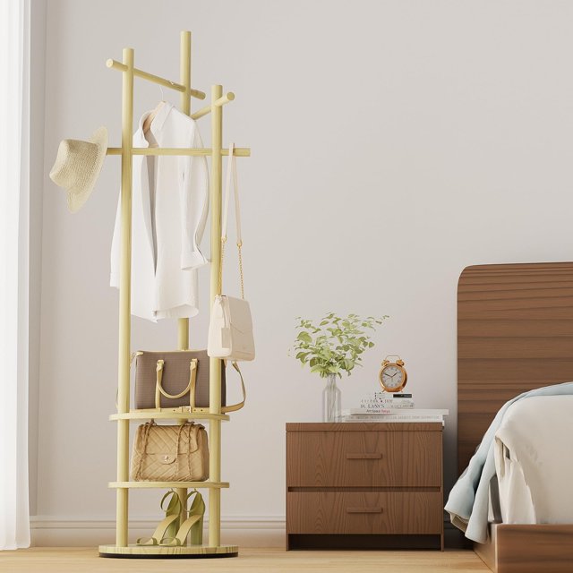 Perchero Giratorio, Perchero Para Ropa Independiente de Madera, Perchero Resistente con Estante de Almacenamiento y 3 Barras Transversales para Entrada, Oficina, Dormitorio, 40*40*171CM (Claro)