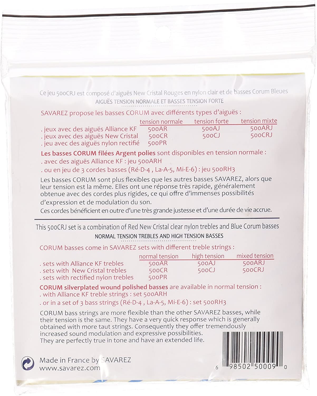 Savarez 500CRJ Normal Tension Cristal Trebles High Tension Corum Basses Nylon Guitar String Set
