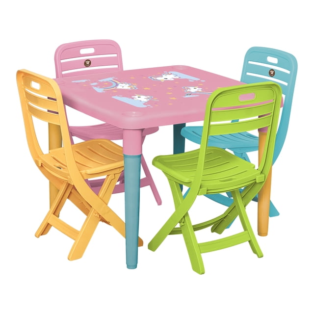 Mesa Y 4 Sillas Infantil Bambino Para Comer, Dibujar Y Jugar (Rosa unicornios)